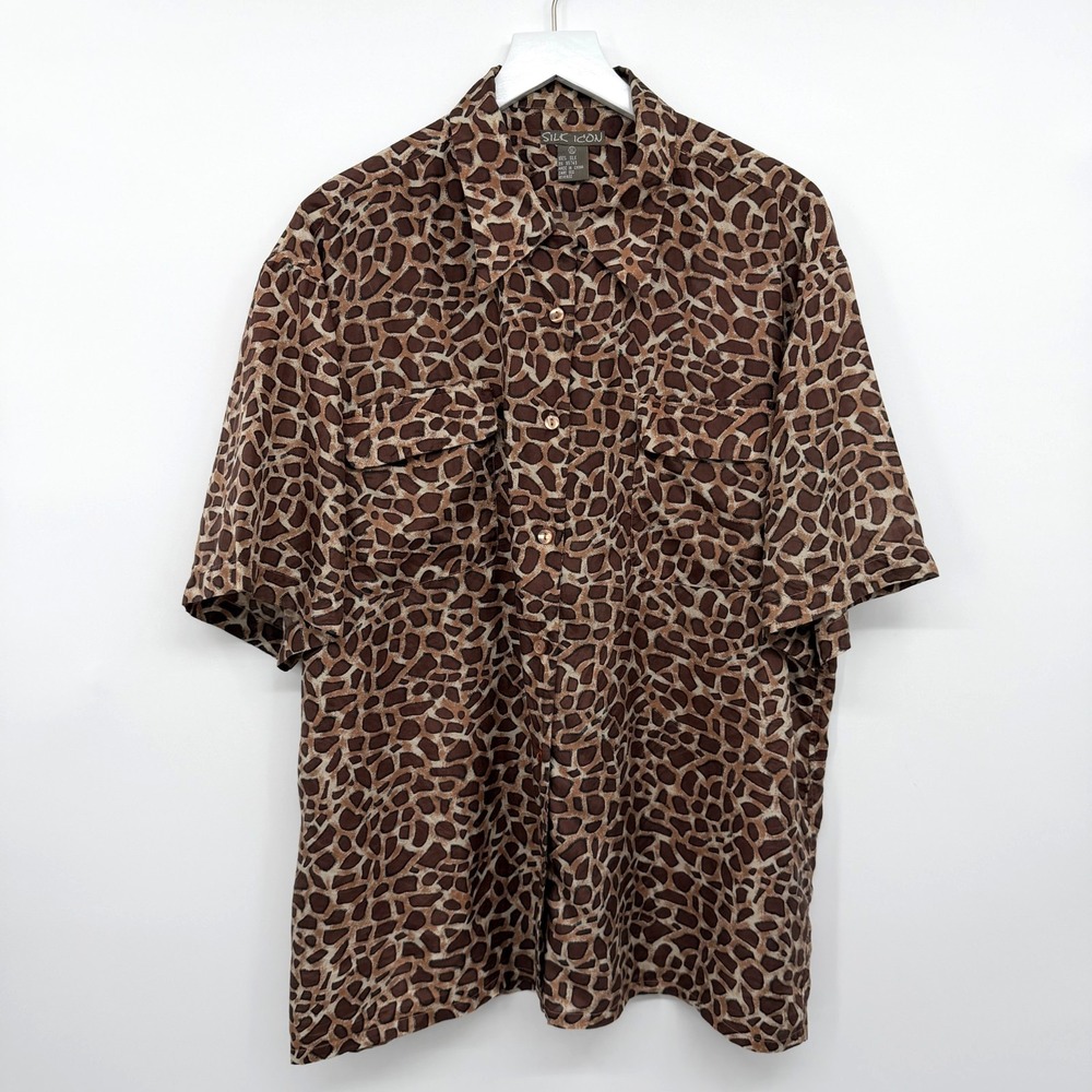 Vintage Silk Icon Top Shirt Blouse Size XL Safari 100% Silk Resort Earthy Wild